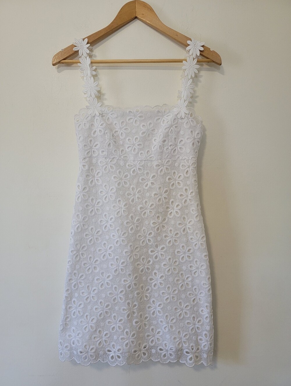 Milly White Floral Eyelet Mini Dress with Flower-Strap Detail